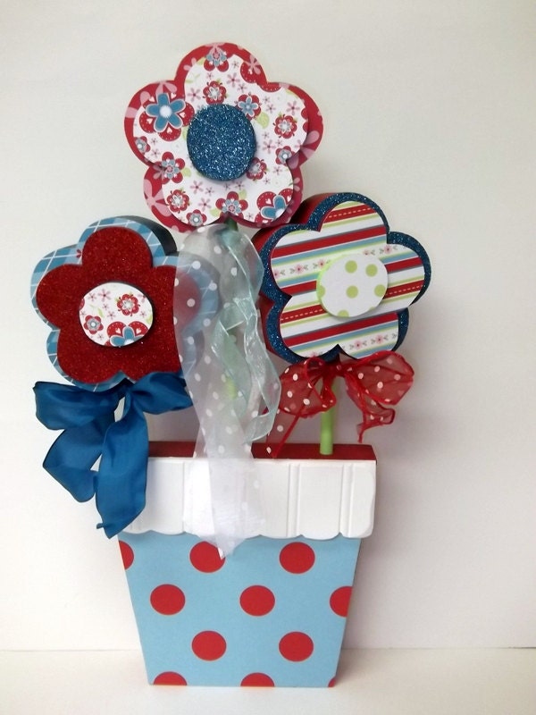 Wood Flowerpot with Three Flowers teal red polka dots home decor spring decor