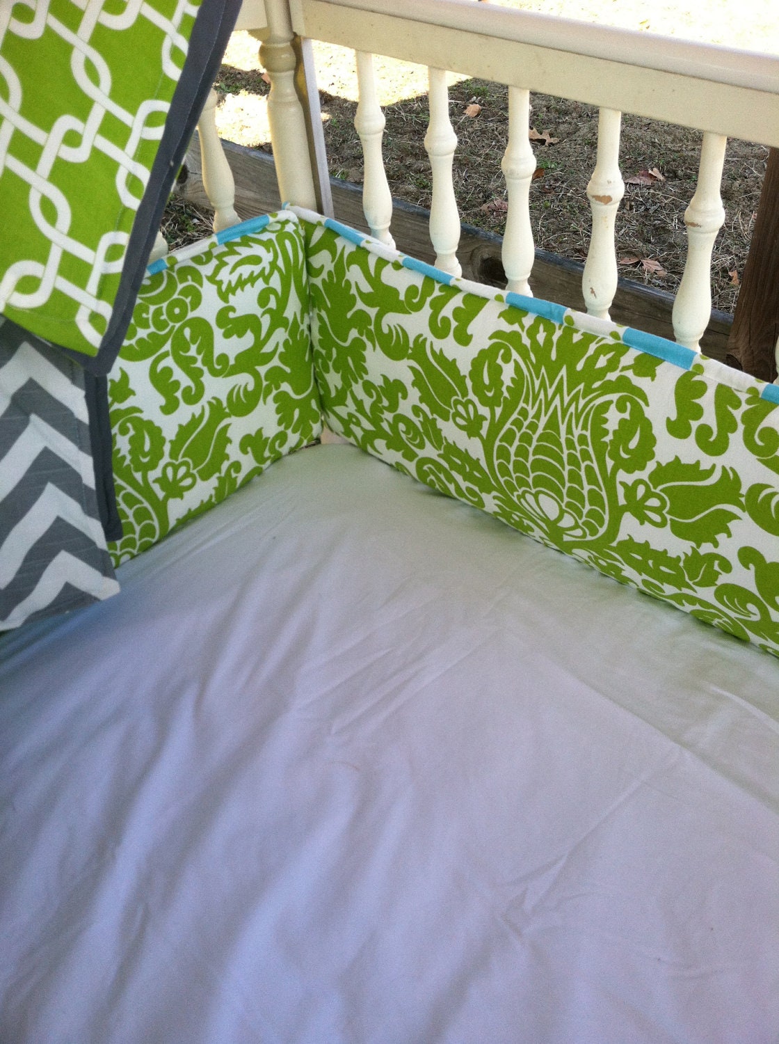Custom Designed Aqua and Green crib bedding