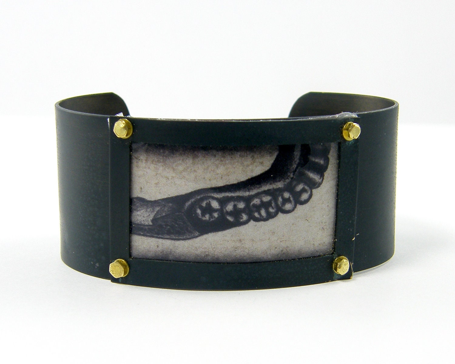Anatomical Cuff Bracelet - Teeth Oddity Curiosity Tan Black Body Part Picture Bold Statement Jewelry Photo Cuff
