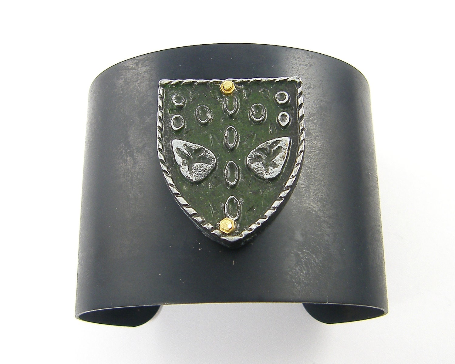 Large Cuff Bracelet Military Vintage Metal Plate Green Brown Bold Dark Metal Statement Jewelry