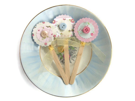 Tea Party Cupcake Picks Pastel Pink Blue Flowers Cupcakes Buttons Baby Shower Cake Toppers x 12