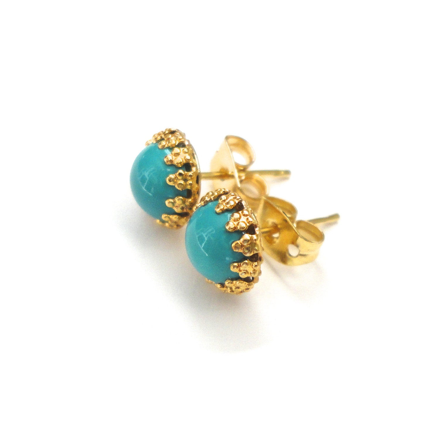 Turquoise Gold Studs - Tiny Post Earrings - Handmade Jewelry for Summer - BFF Gift