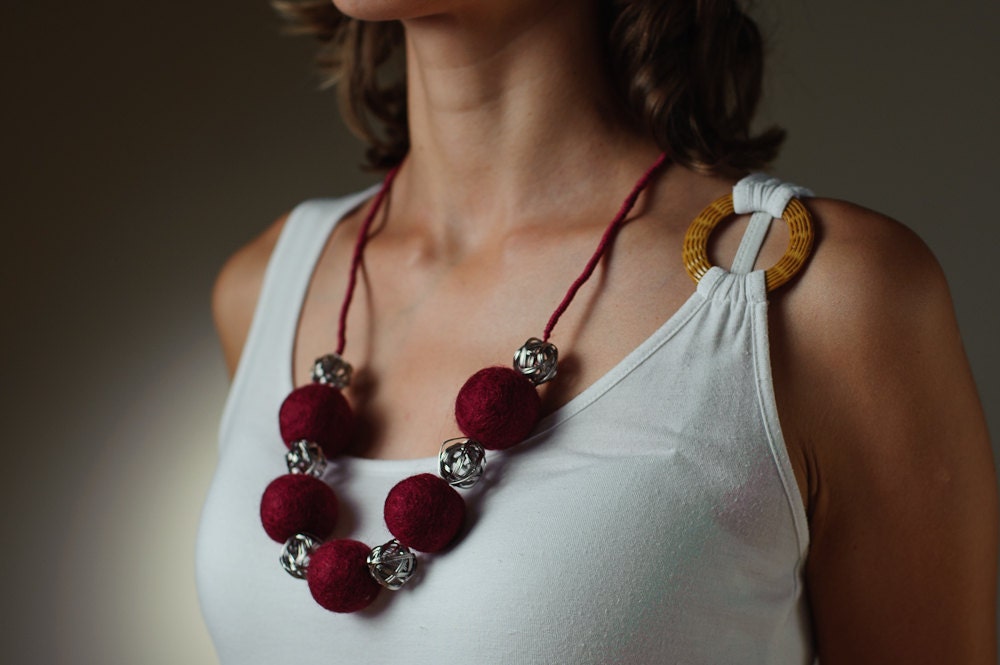 Burgundy Felted Beaded Long Necklace /  Burgundy Autumn Fashion Jewelry