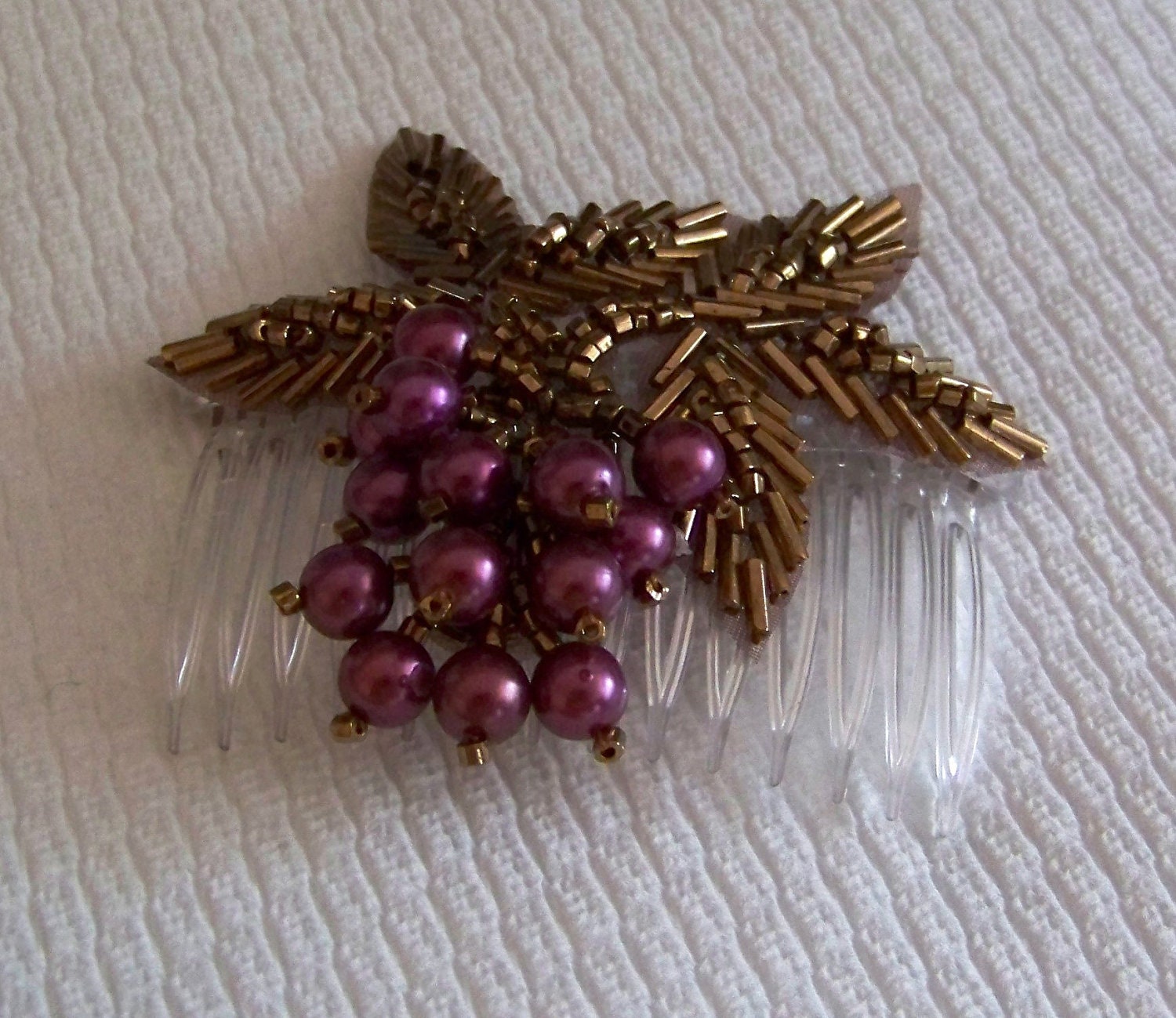 Vintage Haircomb made of Bronze and Plum Bugle Beads, Seed Beeds, and Pearl