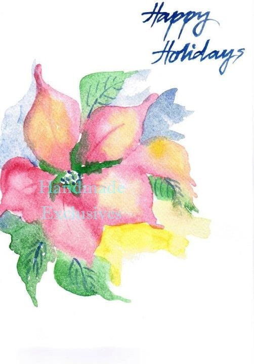 Handpainted Greeting Cards, Set of 10, Christmas cards set, Original Watercolor Art, Poinsettias, green and red, Happy Holidays, - HandmadeExclusives