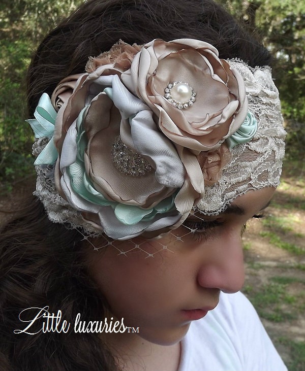 The Ariana Couture Headpiece-Wide Lace Headband and Satin Singed Flowers