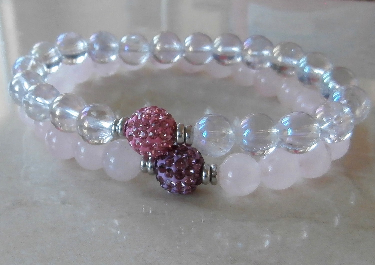 set of 2 Cape Amethyst AB, Rose Quartz withSwarovski pave beads,  bracelet set, meditation, Reiki Charged, free shipping