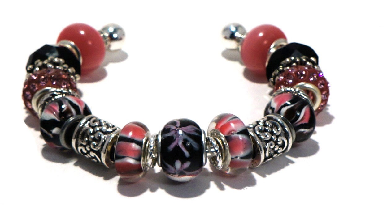 Pink Black Bracelet Cuff with Large Hole Beads