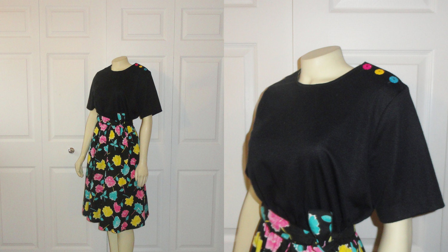 Vintage 70s Dress Floral Skirt Black Shirt Pink Yellow Blue Flower Buttons Belted Size 14 Modern