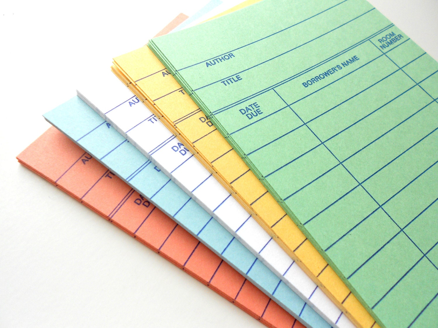 100 Assorted Library Cards - Salmon, Blue, White, Yellow, Green