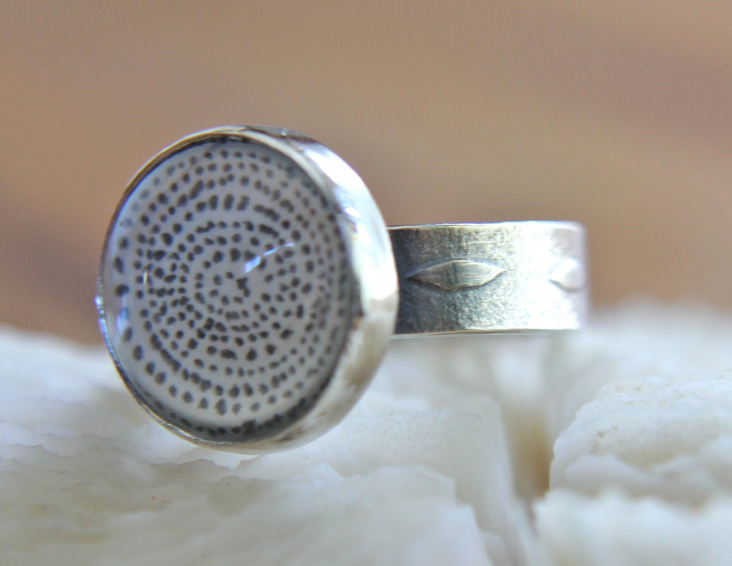 Sterling SIlver Embossed Ring with Pencil Drawing under a Glass Magnifying Dome
