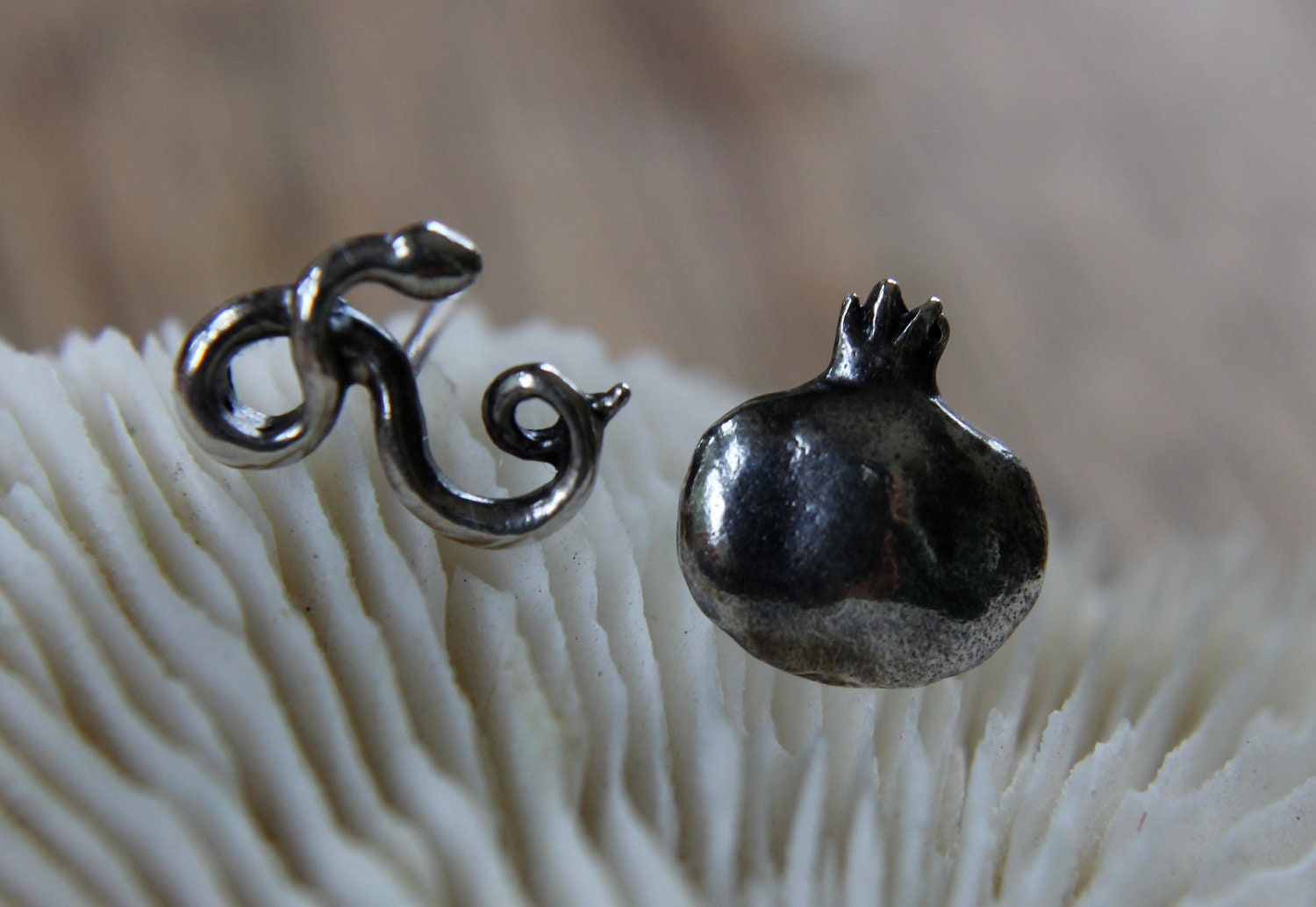 Mythology Stud Earrings--The snake and the pomegranate