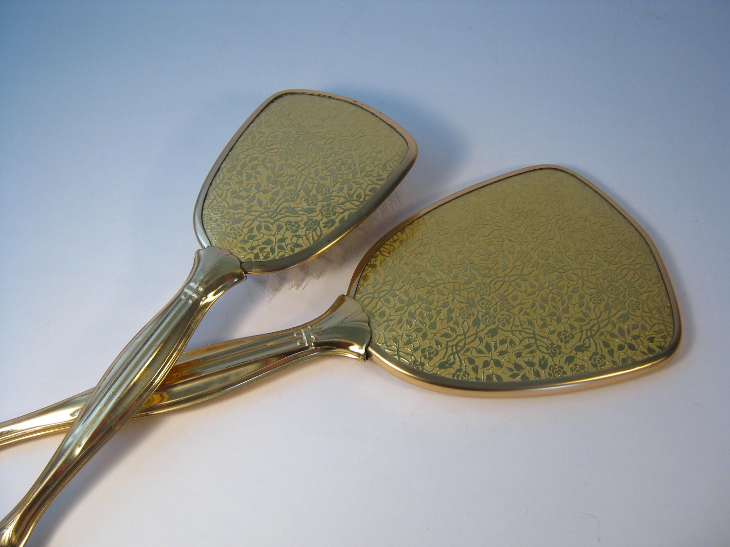 Gold Mirror and Hair Brush Vanity Set Vintage by PherdsFinds