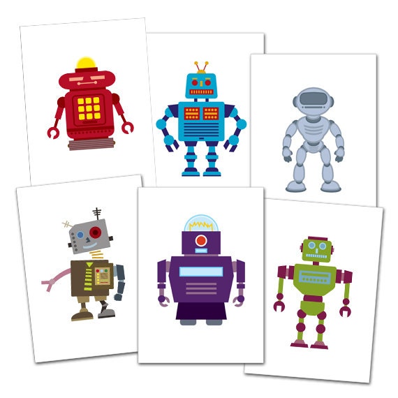 Set of 6 - Robot Buddies Digital Illustration Prints 5 x7 each  (Unframed)