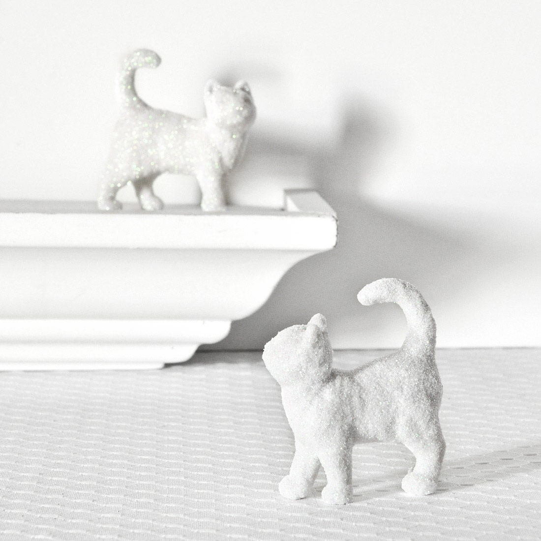 White Glitter Kitties in Florescent Snow Glitter for Winter Wedding Table Settings, Baby Showers, Nursery Decor or Centerpiece Decorations