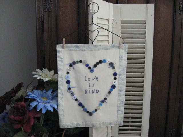 Button Heart Wall Hanging Love Is Kind Saying Soft Blue Print Blue Buttons Home Decor