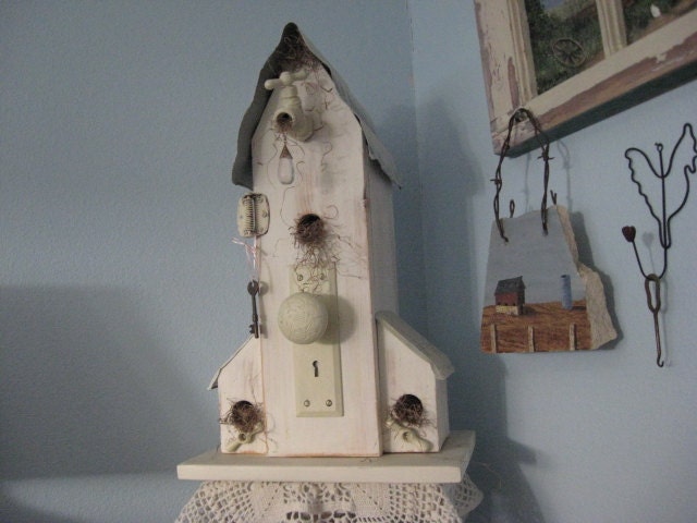 Tall Warm White Bird House with Vintage Accessories, Woodworking Home Decor