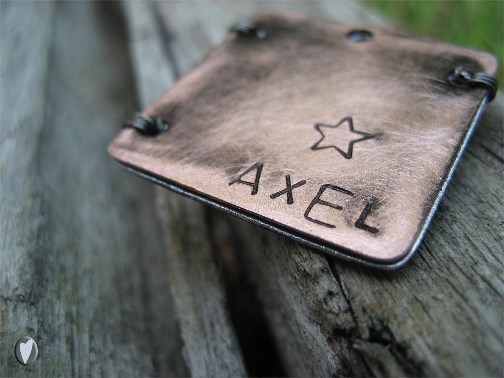 Copper Personalized Pet Id Tag - Hand Stamped - Unique Pet Tag - Wire Wrap - Aluminum Backer