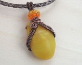 Woven Wire Wrapped Wrap Glass Bead Pendant Necklace Viking Knit Copper Jewelry Handmade Brown Yellow Orange Vintage Inspired Handcrafted