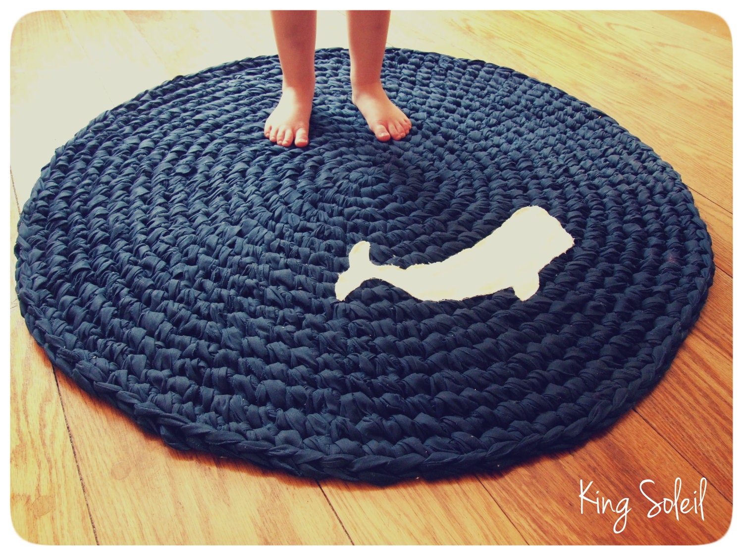 Crochet Whale Rug Nautical Navy Blue with White Applique Whale Silhouette Custom Design Cotton Round Rug