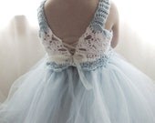Flower Girl Dress Tulle Tutu Crochet Bodice Vintage Inspired Baby Blue and White Infant to Toddler size 3