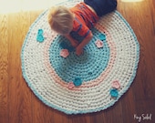 Crochet Rug Garden Flowers Teal Gingham Pink and White Nursery Children's Rug as Featured in Inside Crochet Magazine