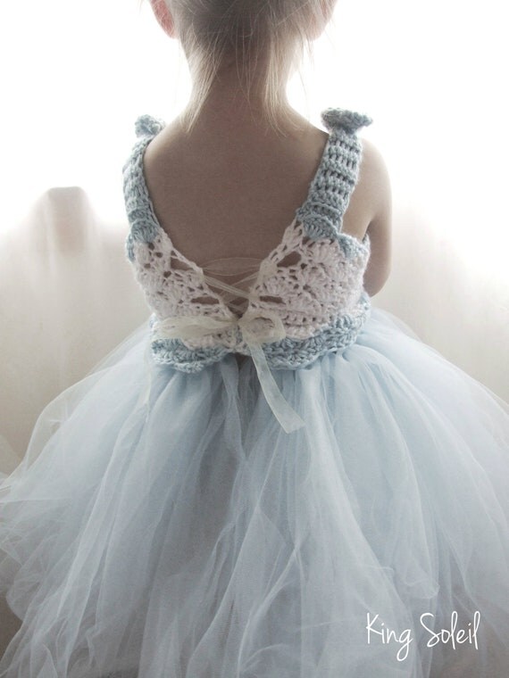 Flower Girl Dress Tulle Tutu Crochet Bodice Vintage Inspired Baby Blue and White Infant to Toddler size 3