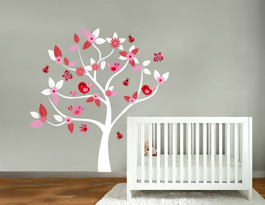 Kids tree vinyl wall decal with birds and garden daisy flowers and butterfly and ladybugs
