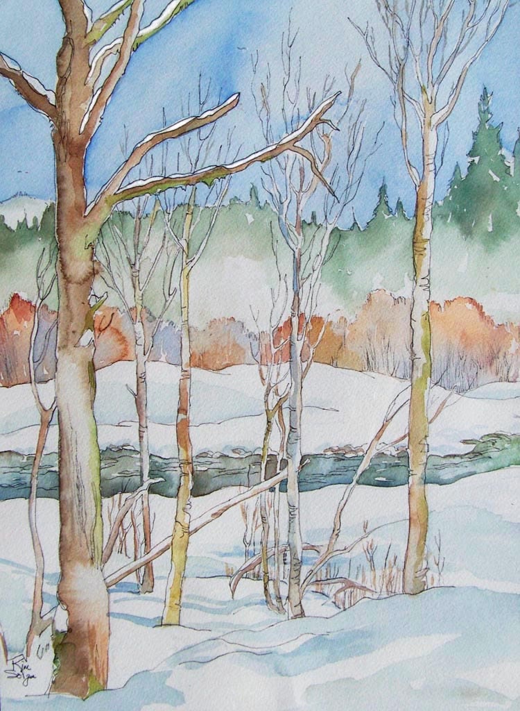 The Winter River - watercolor landscape of snowy branches in aqua, moss, rust, brown, white