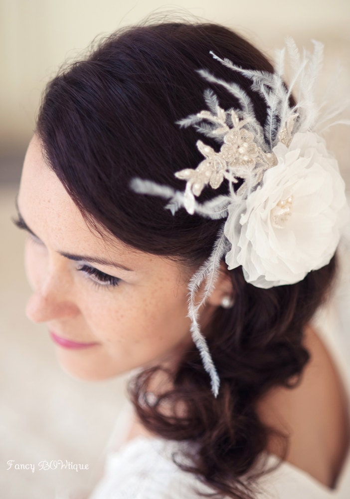 Bridal hair flower, bridal feather hair accessory, vintage wedding hair accessories, bridal  hair piece-Margo
