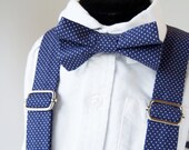 Navy Polka Dot Bow Tie & Suspenders Set -  Blue Pin Dot - Baby Toddler Child Boys - Wedding