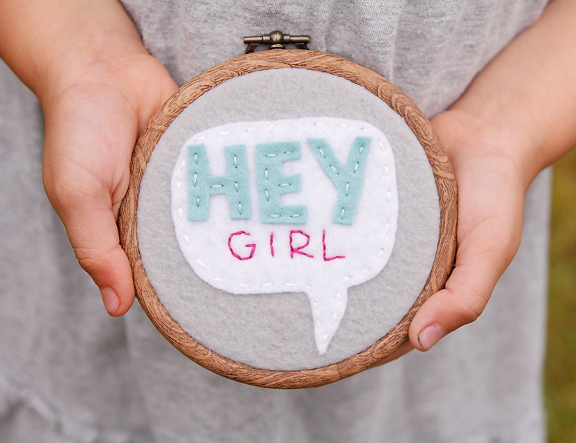 Embroidery Hoop Art. Hey Girl. Speech Bubble. Faux Bois Hoop by Catshy Crafts