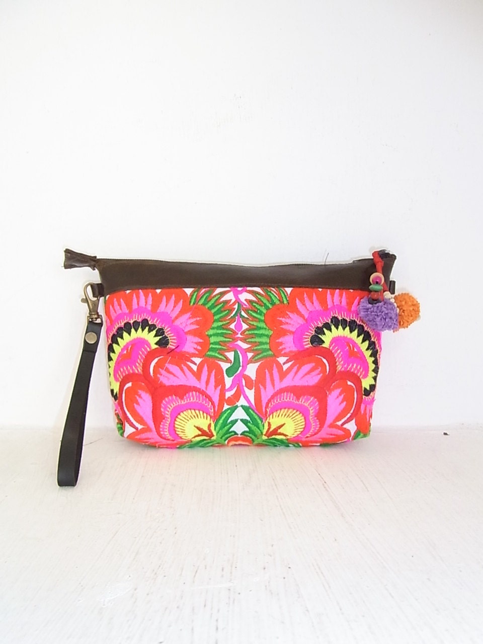 Leather Clutch Wristlet Cross-Over Bag HMONG Embroidered Handmade Thailand (BG297L-WF)