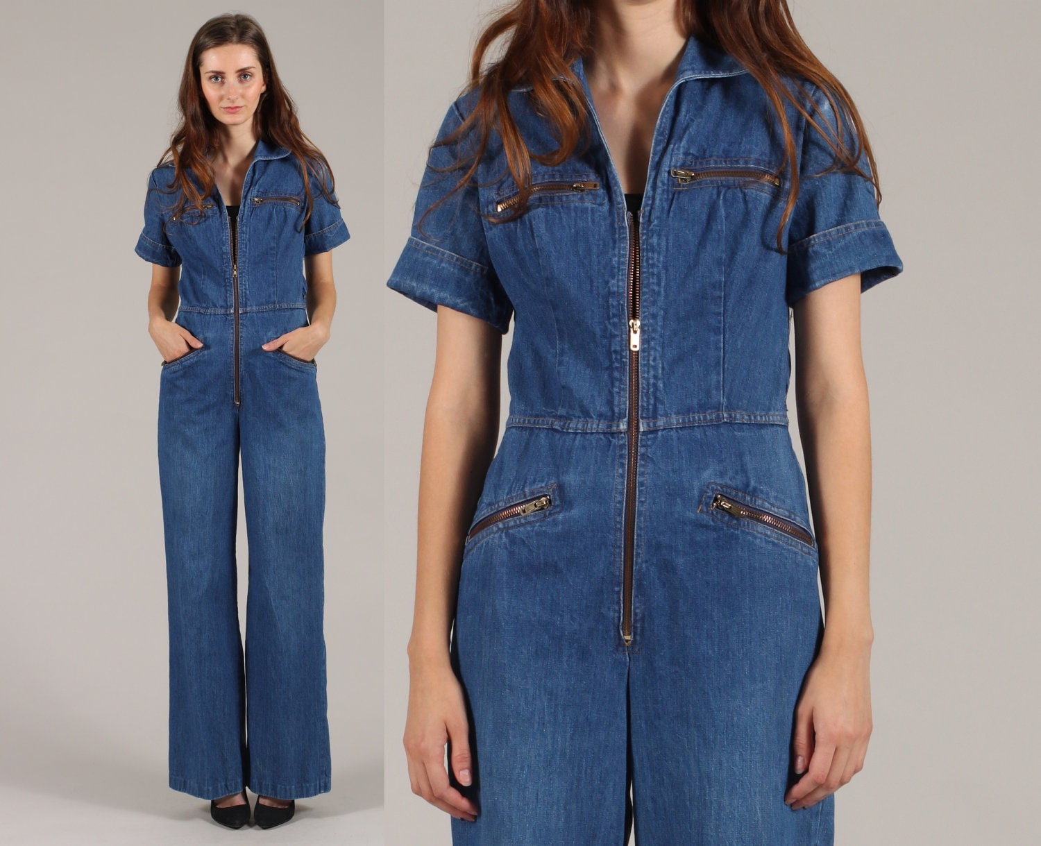 denim jumpsuit romper // vintage 1970s // blue jean by shopCOLLECT
