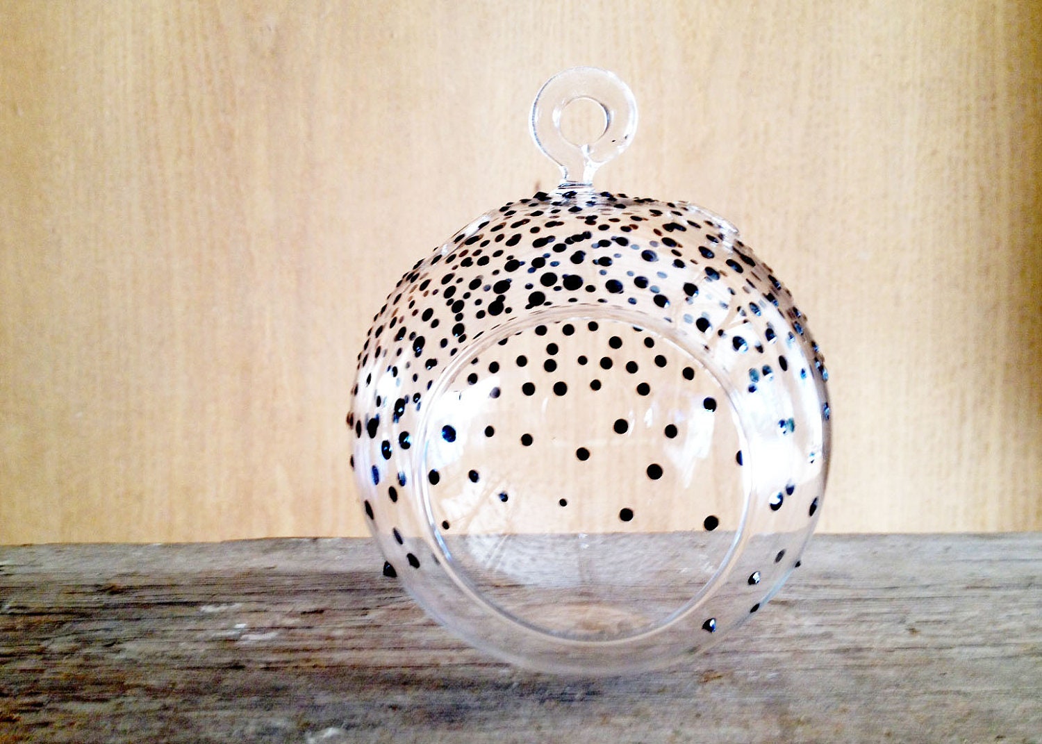 black dots, hand painted hanging glass terrarium. Just add your air plant. Cute desk accessory.