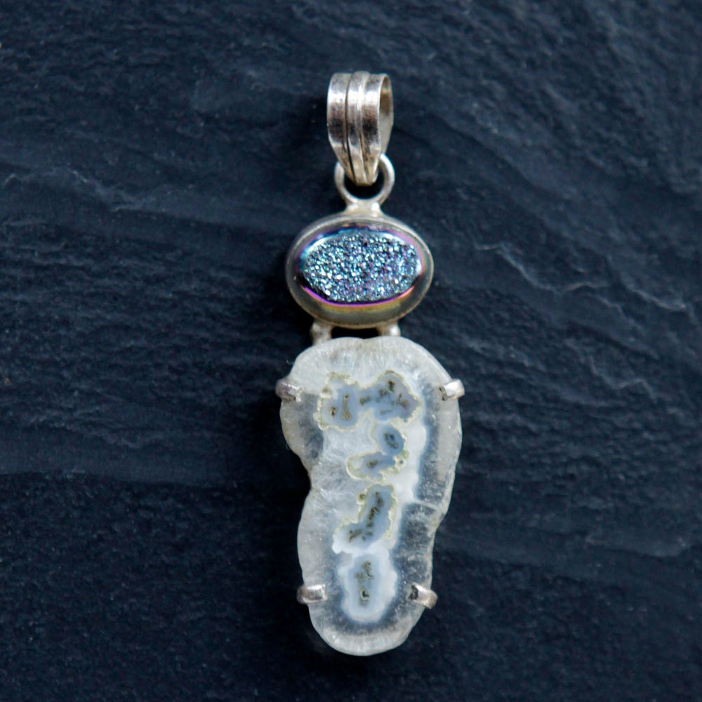 titanium quartz druzy with a sliced agate pendant. perfect centerpiece for hemp, or alone on a chain.