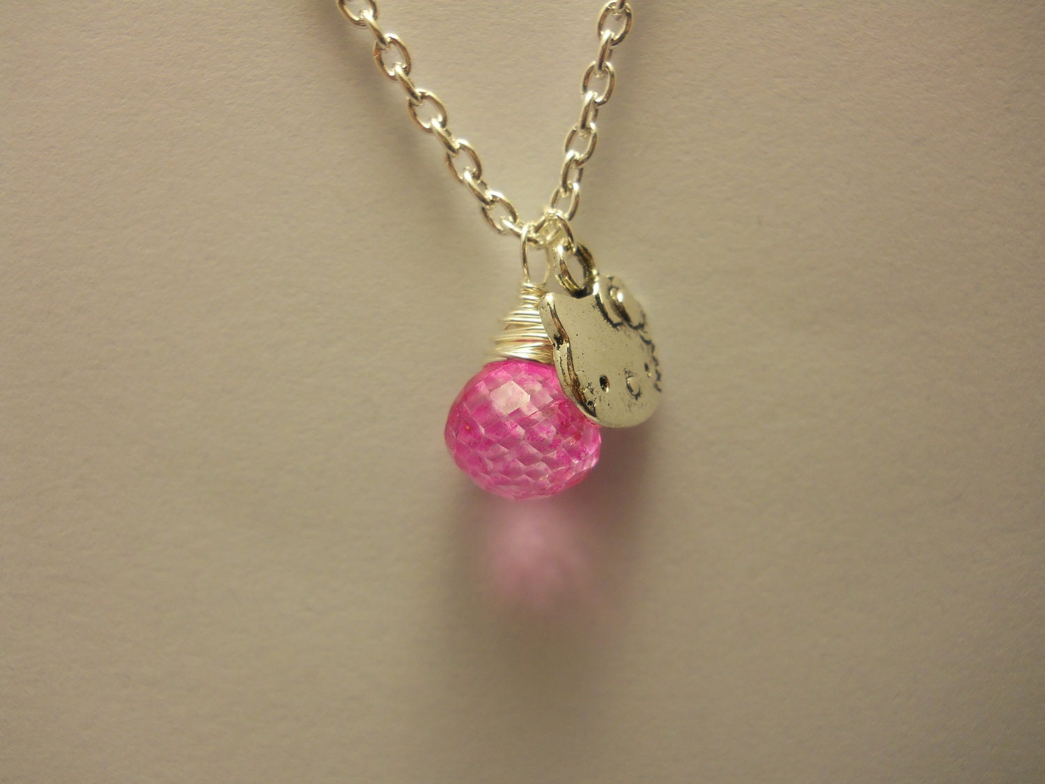 Wire Wrapped Hot Pink Quartz Pendant and Hello Kitty Charm
