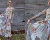 90's Lace & Woven Patchwork Gypsy Floral Hippie Dress