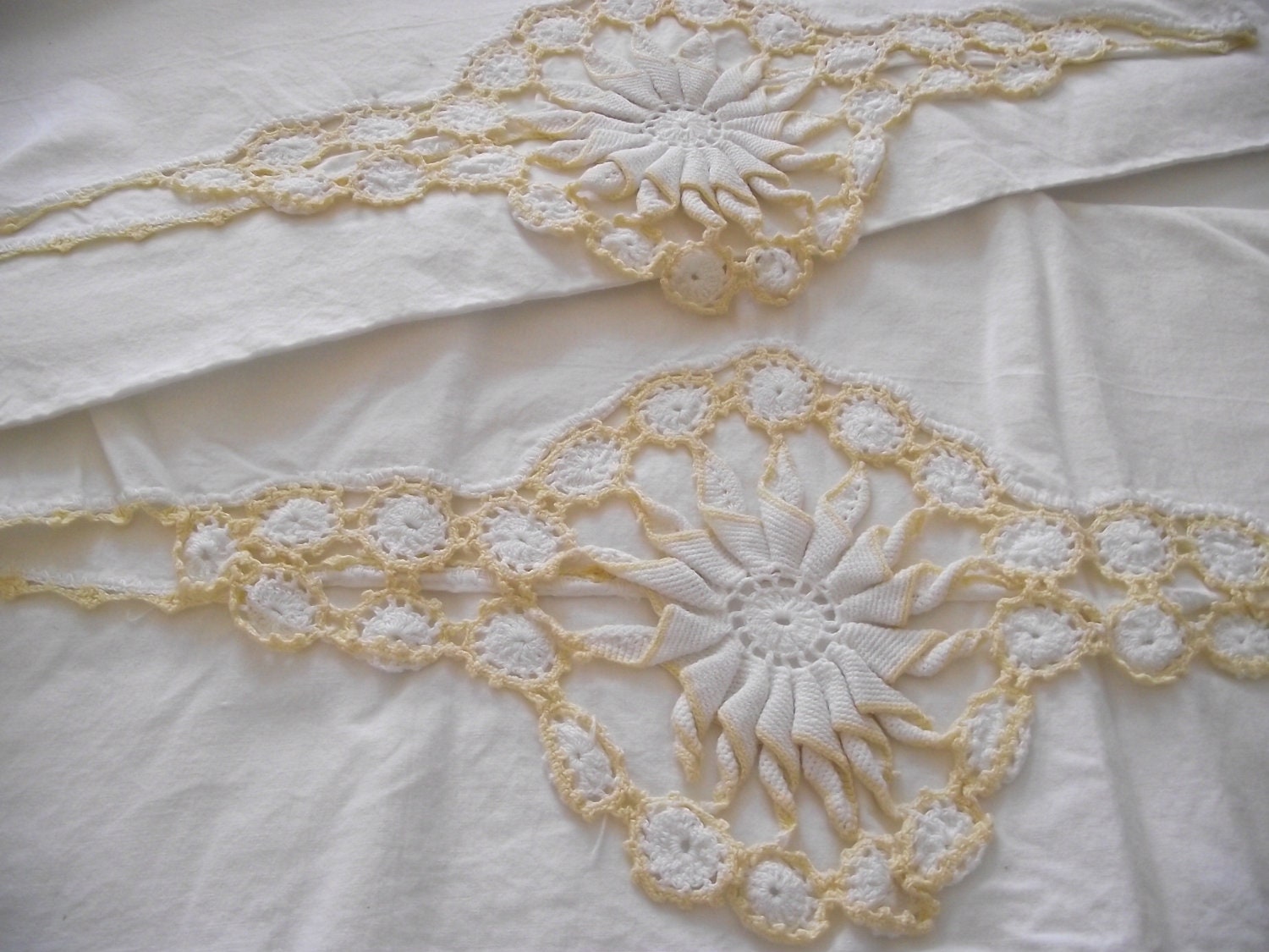 Vintage Pillowcases pair set yellow hand crochet fancy trim