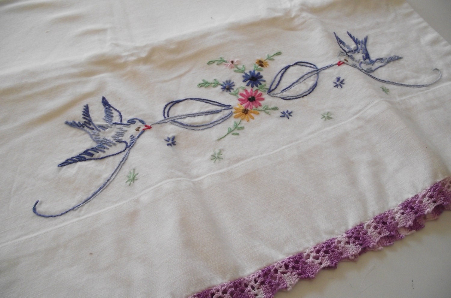 Vintage Pillowcase embroidered Bluebirds purple crochet trim- handmade