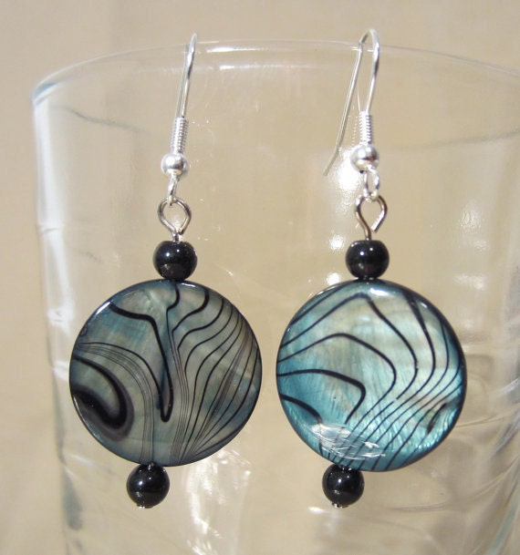 Striped Abalone Coin Bead Dangle Earrings