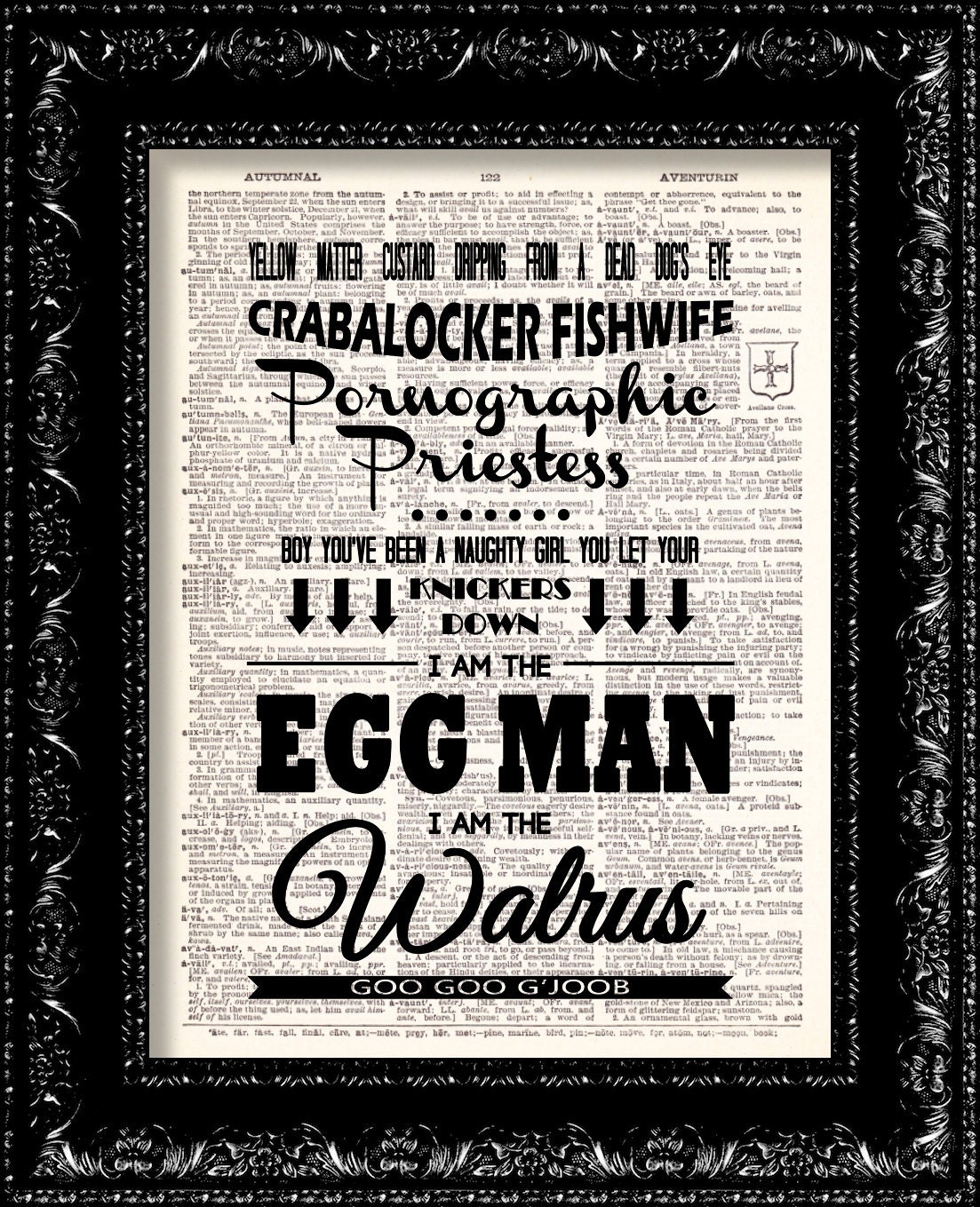 The Beatles I am the Walrus Lyrics - Typography Music Poster Vintage Dictionary Print Vintage Book Print Page Art Upcycled Vintage Book Art