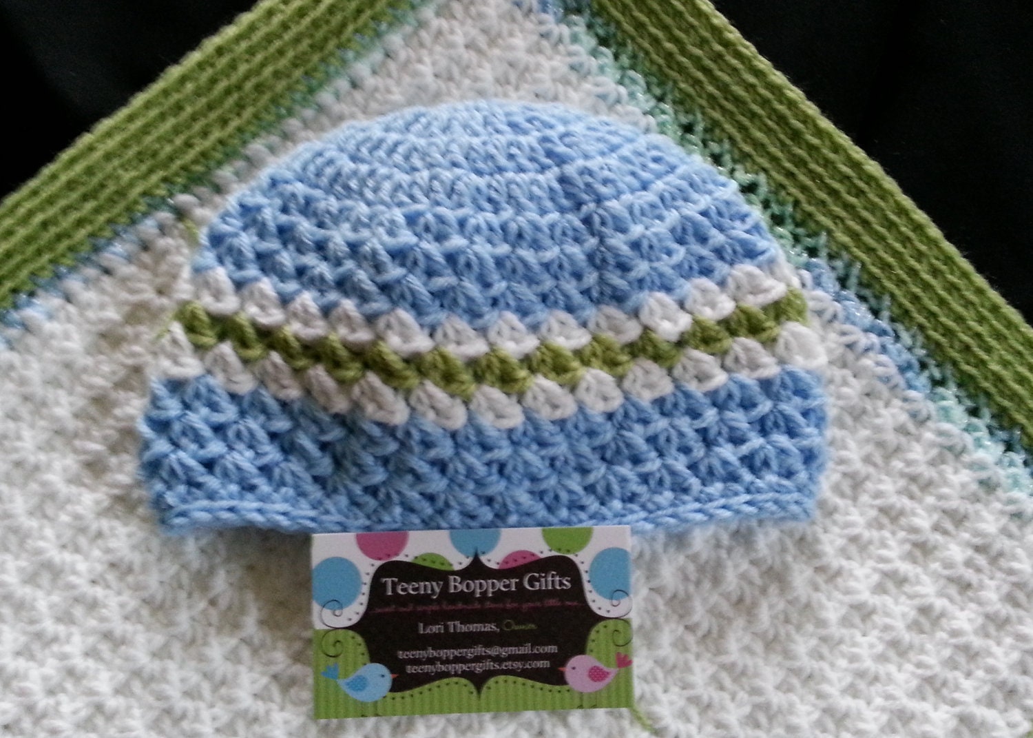 Baby Gift Set, Crochet Baby Blanket and Beanie Hat Gift Set, Blue, Green and White