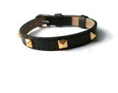 Leather Bracelet - Genuine Black Leather With Studs -  Gold Tone Pyramid Studs - 8mm Black Leather Strap -  AdjustableLayering bracelet