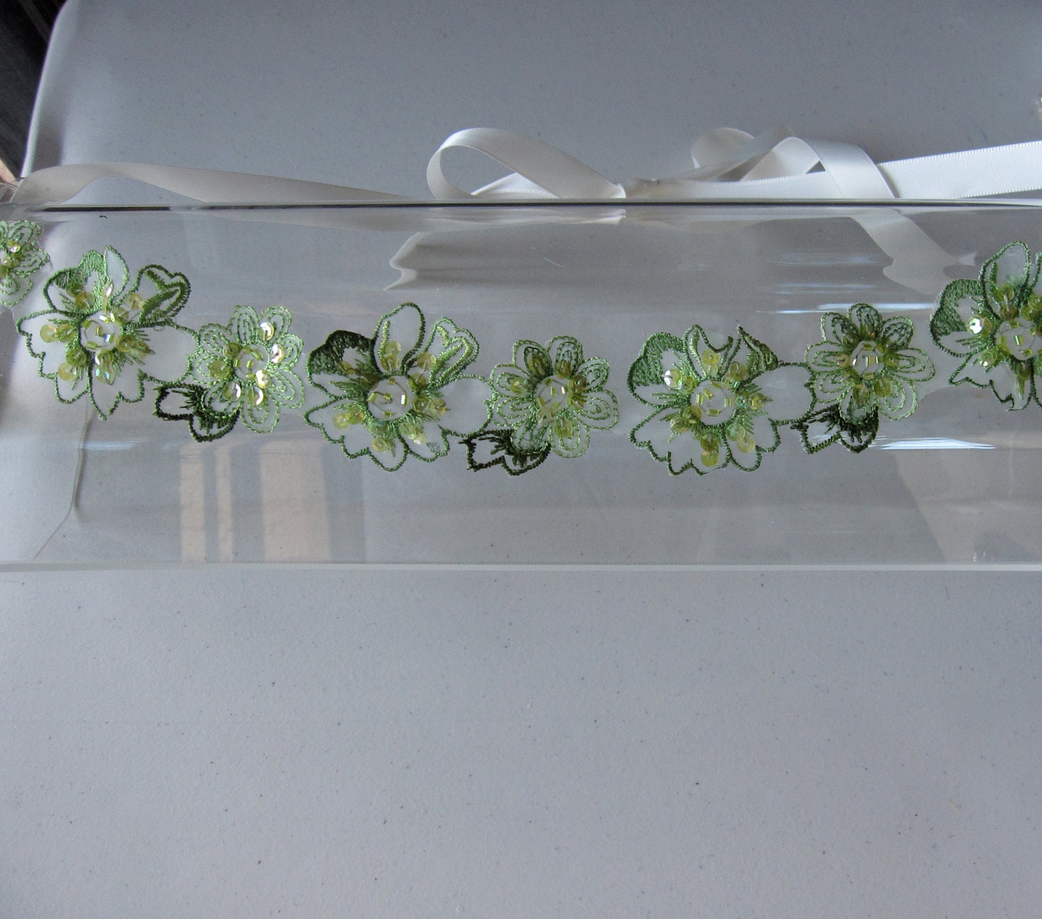 Green Lace Beaded Flower Halo Headband with Ivory Satin Ribbon Tie, for weddings, bridesmaid, parties, special occasions