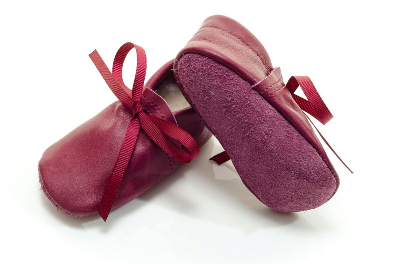 Lambswool lined rose burgundy handmade leather shoes for baby, toddler and children