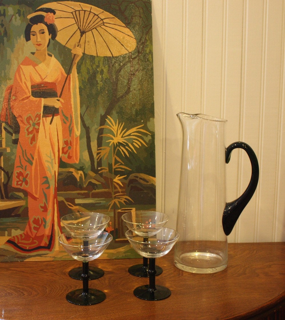 Mid Century Cocktail Set Tall Pitcher Four Glasses with Dark Green Bamboo Accents Martini