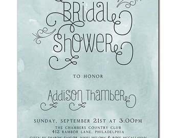 Watercolor Bridal Shower Invitation Typography Invitation Vintage Retro Modern Blue Printable Digital or Printed - Addison Style