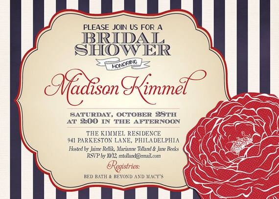 Modern Baby Shower Invitation Navy & Red Flower Bridal Shower Nautical Wedding Invitation DIY Digital or Printed - Madison Style