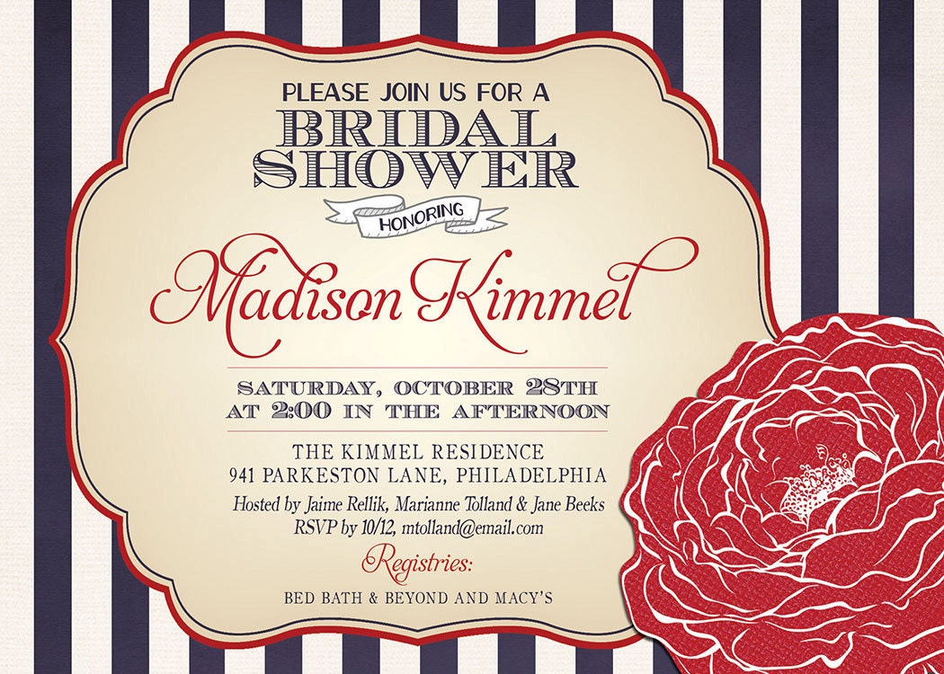 Modern Baby Shower Invitation Navy & Red Flower Bridal Shower Nautical Wedding Invitation DIY Digital or Printed - Madison Style